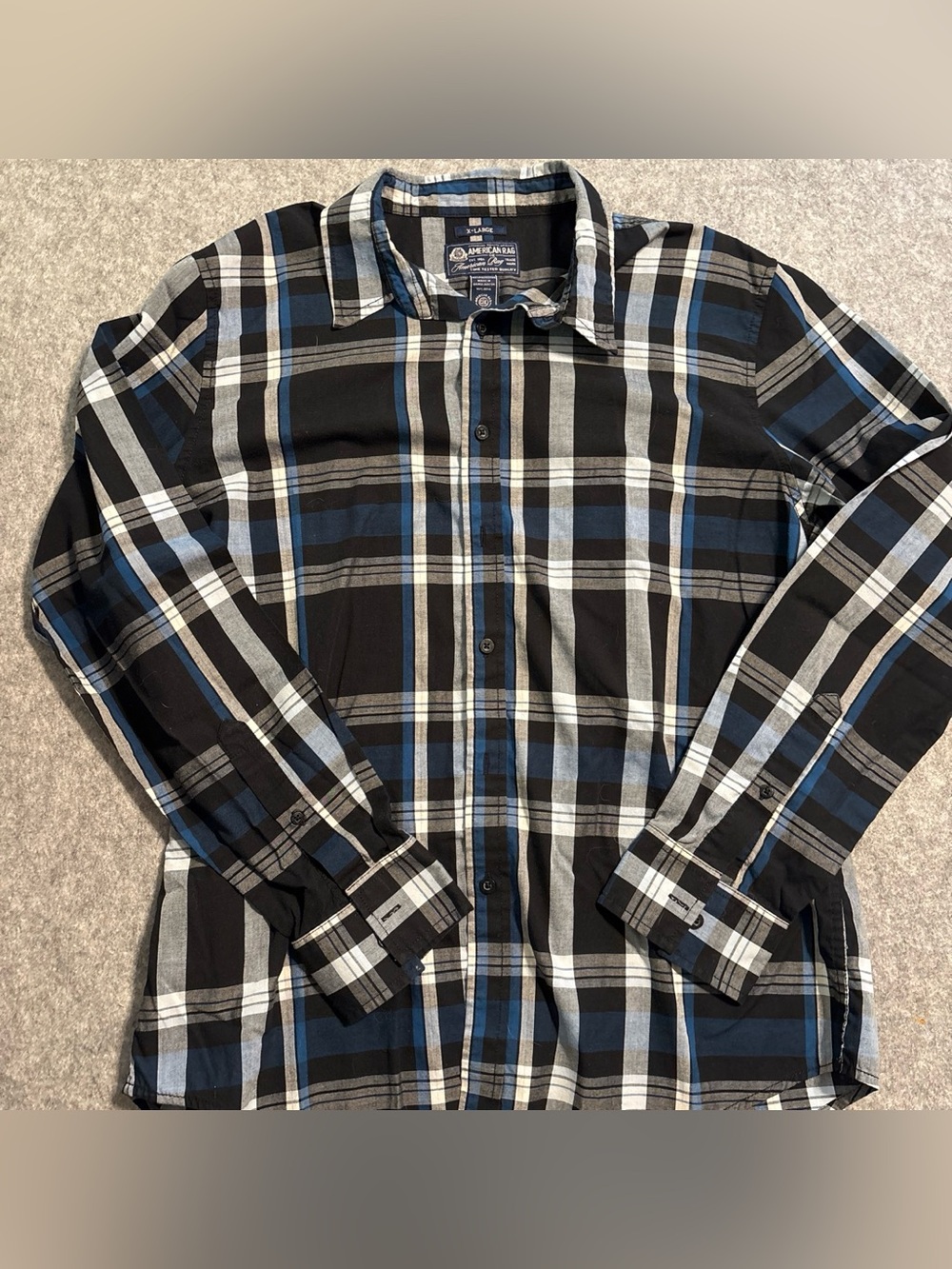 American Rag Men’s Black, Blue & Gray Plaid Button-Down Shirt